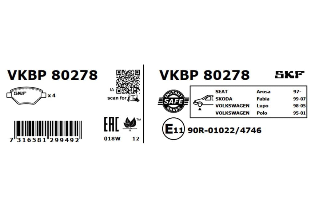Jeu de 4 plaquettes de frein SKF VKBP 80278
